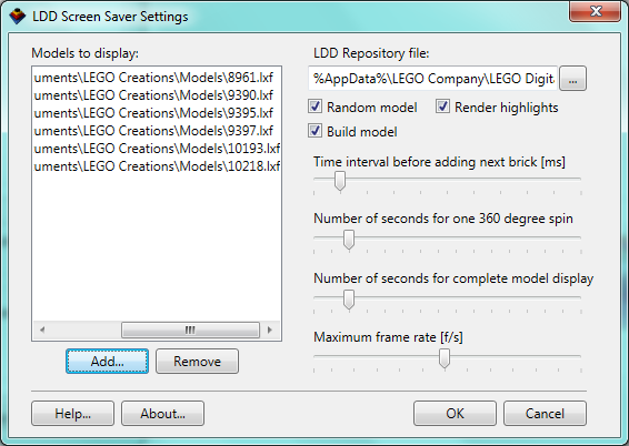 LDD Screen Saver settings window